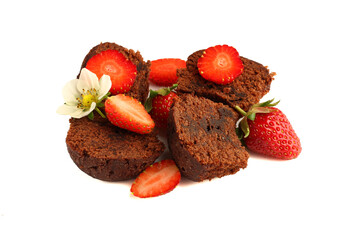 Tasty muffin cakes with strawberries and chocolate, isolated on white