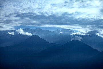 Fototapeta na wymiar View of beautiful Panchchuli Peaks of the Great Himalayas as seen from Munsiyari, Uttarakhand, India.
