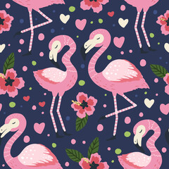 Little flamingo bird vector seamless pattern. Cartoon tropical summer background with pink exotic jungle animal, tropic palm and flowers. Kid illustration.