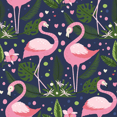 Flamingo bird couple in love. Vector seamless pattern. Cartoon tropical summer background with pink exotic jungle animal, tropic palm and flowers. Kid illustration.