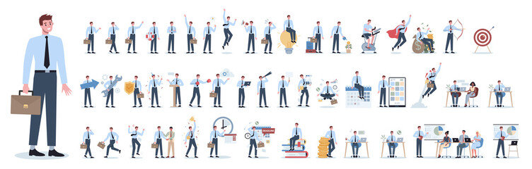 Obraz na płótnie Canvas Businessman character set. Poses and meeting, data and hero.