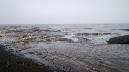 Misty ocean and tree landscape on a rainy day at Cape Froward on the Magellan Strait near Punta...