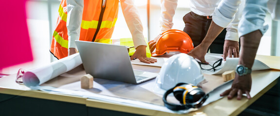 panoramic banner of Construction and structure of Creative team Engineer or architect meeting for...