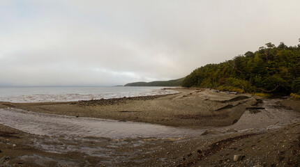 Misty ocean and tree landscape on a rainy day at Cape Froward on the Magellan Strait near Punta Arenas in Chile's Patagonia region.