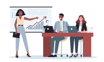 Business character making presentation in front of group of co-worker.