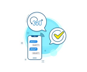 Full rotation sign. Phone messages complex icon. 360 degree line icon. VR technology simulation symbol. Messenger chat screen banner. Full rotation sign. Vector