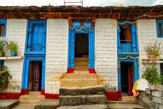 Blue painted traditional house in Munsiyari, Uttarakhand, India