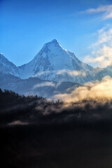 Fototapeta na wymiar View of beautiful Panchchuli peaks of the Great Himalayas as seen from Munsiyari, Uttarakhand, India.