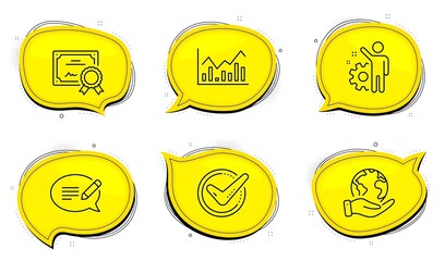 Message sign. Diploma certificate, save planet chat bubbles. Employee, Confirmed and Infochart line icons set. Cogwheel, Accepted message, Stock exchange. Speech bubble. Education set. Vector