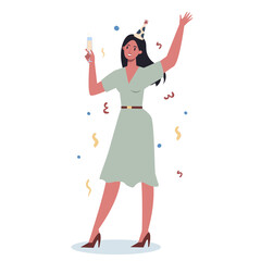 Office worker at work party. Business character in party hat dancing