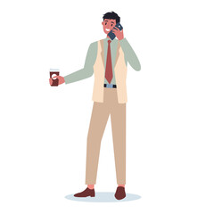 Business man with mobile phone. Male character in suit holding