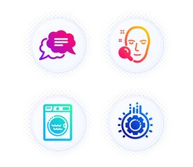 Face search, Text message and Laundry icons simple set. Button with halftone dots. Gear sign. Find user, Chat bubble, Washing machine. Work process. Technology set. Vector