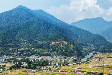 Fototapeta na wymiar Beautiful view of Bageshwar town in Himalaya Range, Uttarakhand, India.