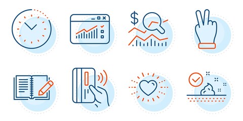 Heart, Check investment and Contactless payment signs. Skin care, Victory hand and Web traffic line icons set. Time management, Feedback symbols. Face cream, Gesture palm. Business set. Vector