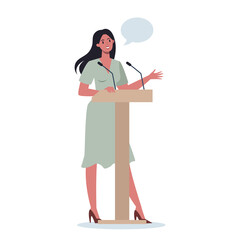 Business character standing behind a lectern. Office worker perform