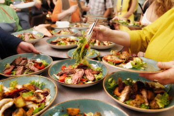 People dining at a banquet, toned