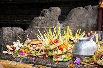 A decoration of worship serving ritual of hindu god and goddess in a holy temple in Bali