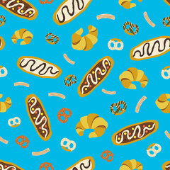 Desserts snacks pretzel, beaver tail, croissant, churro, chocolate, nutella, peanut butter, smarties, sweet, white chocolate, sugar seamless pattern for fabric, textile, wrapping paper, wallpaper