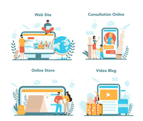 Travel agency online service or platform set. Office worker selling tour,