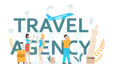 Travel agency typographic header concept. Office worker selling tour