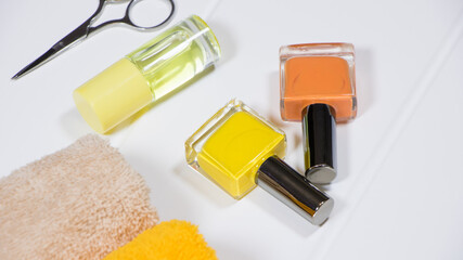 Manicure. Set of nail polishes on a white background. The bottles of nail Polish. Nail care spa set. Composition for nail salon. Woman desktop. Manicure and pedicure equipment for nail bar set.
