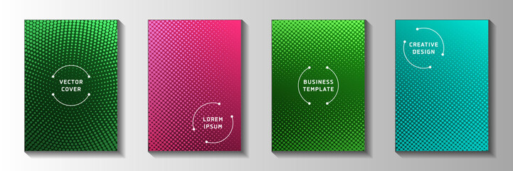 Fototapeta premium Minimal point faded screen tone front page templates vector batch. Urban booklet perforated screen 