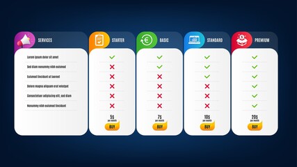 Checklist, Post package and Online statistics icons simple set. Price list, pricing table. Exchange currency sign. Survey, Postbox, Computer data. Reshresh exchange rate. Finance set. Vector