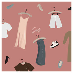 Seasonal sale, discounts. Card with pattern of everyday fashionable things: clothes and shoes for seasonal discounts and summer clothing sales. Nice vector flat illustration in cartoon style. 