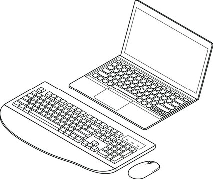 Line-art detailed isometric drawing of an ultra slim laptop computer. With an external wireless full size keyboard (European layout) and mouse.