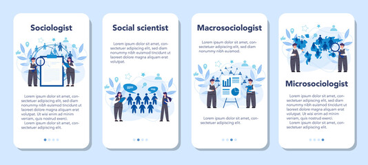 Sociologist mobile application banner set. Scientist study of society,