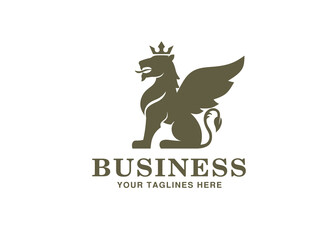 Fototapeta premium Heraldry sitting Lion wing with Crown Logo Mascot Vector illustration