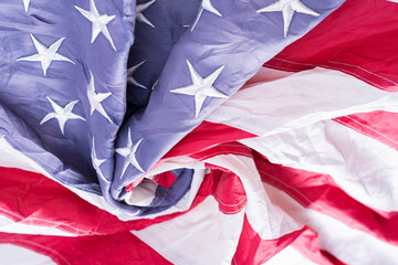 US American flag. For USA Memorial day, Presidents day, Veterans day, Labor day, Independence or 4th of July celebration. Top view, copy space for text.