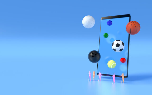sport online application on the smartphone. live program tournament concept on mobile. people watch the match on the phone. soccer volleyball basketball bowling tennis symbol. 3d illustrator.