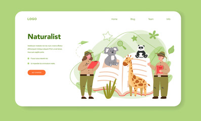 Zoologist web banner or landing page. Scientist exploring and studying