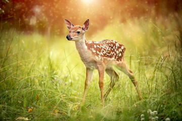 Postcard baby deer Bambi in the grass in summer on a Sunny day - obrazy, fototapety, plakaty