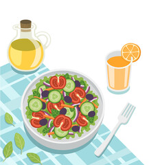 Healthy fresh vegetable salad of cucumber, tomato, spinach, lettuce, onion with orange juice. Concept for a tasty and healthy meal. Top view.