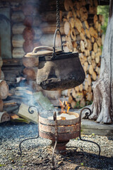 boiling pot with food on a fire