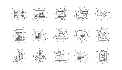 Infochart, Block diagram and Algorithm. Charts and graphs line icons. Presentation linear icon set Geometric elements. Quality signs set. Vector