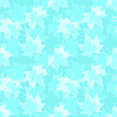 Seamless autmn pattern with maple leaves in gentle pastel colors on a blue background.