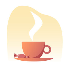 A cup of hot tea on a saucer with a sweet candy in warm colors. Vector flat illustration for web design, logo, icon.