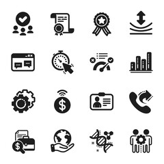 Set of Technology icons, such as Contactless payment, Chemistry dna. Certificate, approved group, save planet. Employees teamwork, Id card, Timer. Share call, Resilience, Correct answer. Vector