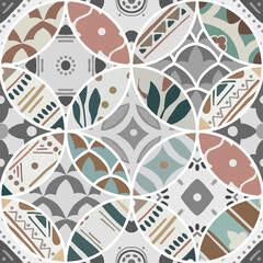 Luxury oriental tile seamless pattern in style of colorful floral patchwork boho chic design in chopped circles. Flower vector ornament background with eastern motif - obrazy, fototapety, plakaty