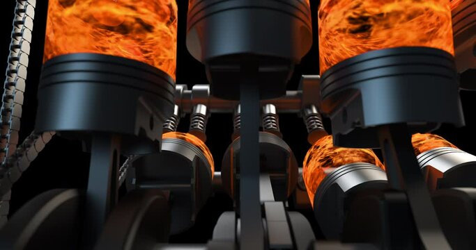 V8 Engine With Working Pistons And Crankshafts. Ignition And Explosions. Technology And Industry Related 3D Animation. Luma Channel Available.