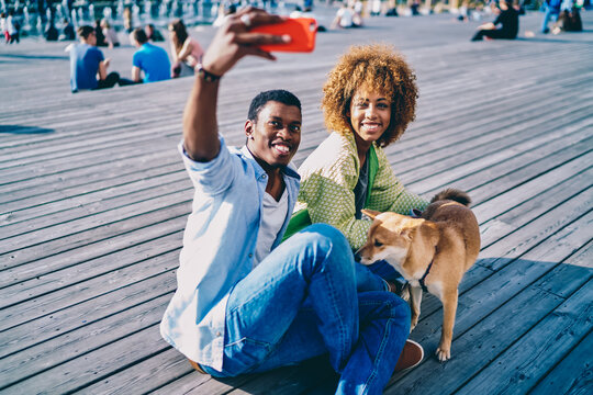 Cheerful afro american couple making selfie on smartphone camera spending time with akita inu puppy ,happy dark skinned friends posing while taking picture on mobile phone for sharing in networks