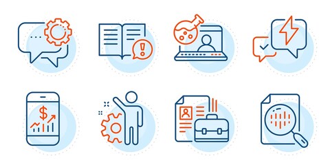 Employees messenger, Mobile finance and Online chemistry signs. Lightning bolt, Employee and Analytics chart line icons set. Vacancy, Facts symbols. Messenger, Cogwheel. Education set. Vector