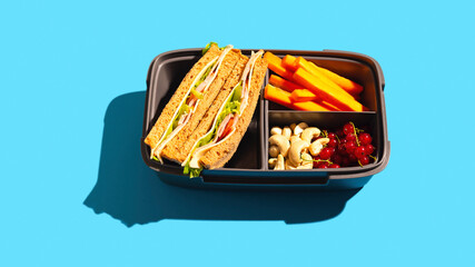 Healthy school lunch in a container - sandwiches, carrots, nuts and berries.