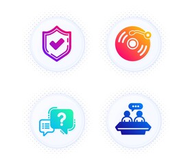 Confirmed, Vinyl record and Question mark icons simple set. Button with halftone dots. Employees talk sign. Accepted message, Retro music, Quiz chat. Collaboration. Business set. Vector