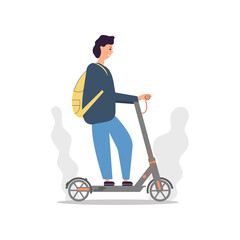 Young man with a backpack riding electric scooter, type of urban transportation. Flat vector illustration.