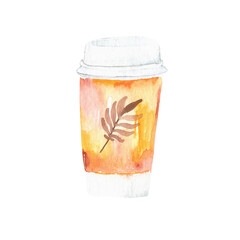 Paper recyclable coffee cup. Mug  illustration. Coffee cup in autumn leaves. Autumn in the city text.