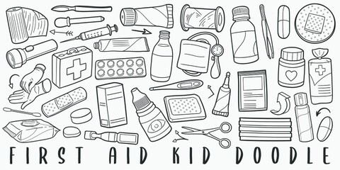 First Aid Doodle Line Art Illustration. Hand Drawn Vector Clip Art. Banner Set Logos.